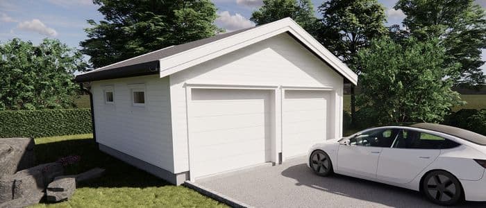 Dobbelgarasje med saltak og doble porter.