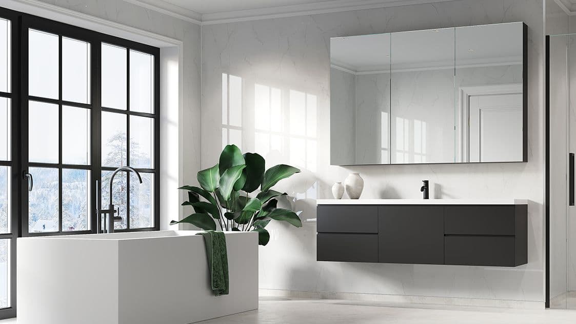 stilrent baderom med Bright Marble veggplater fra Fibo