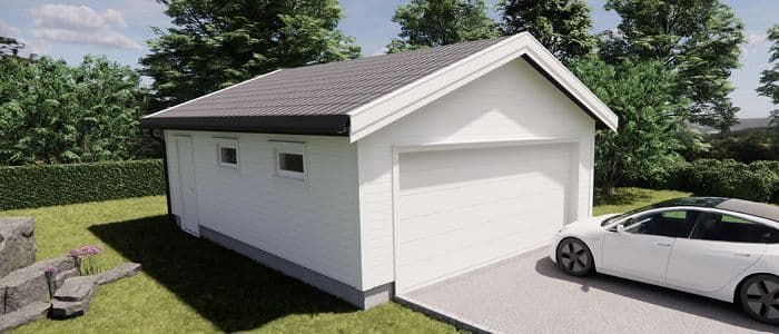 Dobbelgarasje med bil foran.