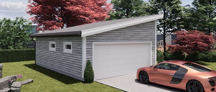 Dobbelgarasje med bod og skråtak på 12 grader.